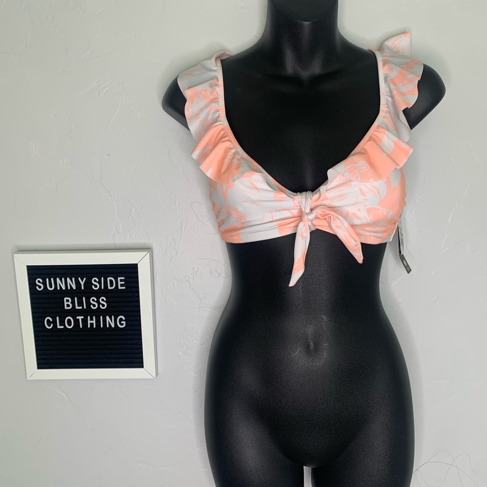 Pink White Ruffle Bikini Top Size Medium Tie Front Sleeves Swim Resort Beach
